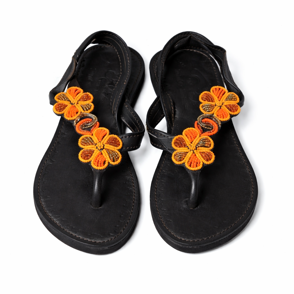 Safariland - Florale Leder-Sandalen mit Perlen - Schwarz - Orange & Gold Handbestickt
