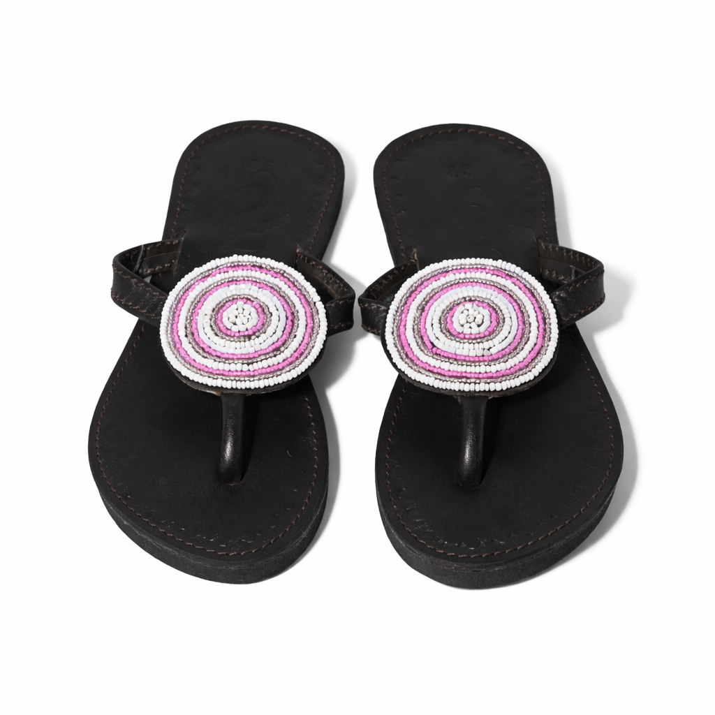 Safariland - Spiral-Lederperlensandalen - Schwarz - Pink & Weiß handperlenbesetzt