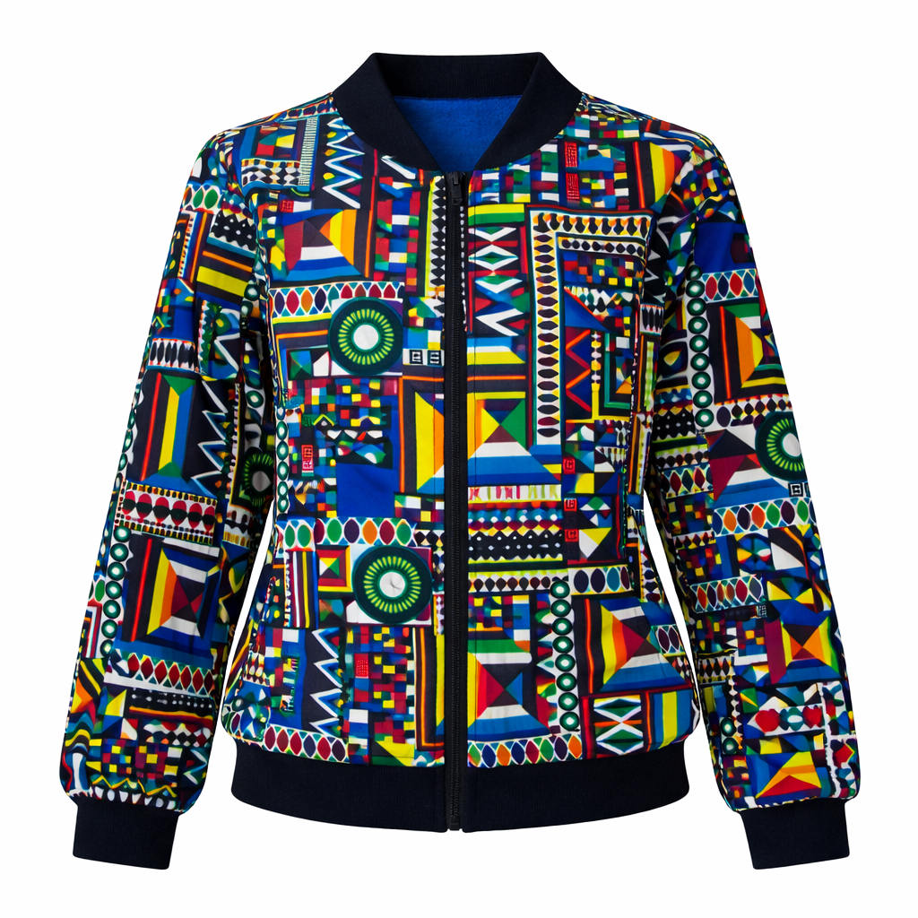 African Ndebele Patchwork Bomber Jacket - Geometric Print - Full Zip