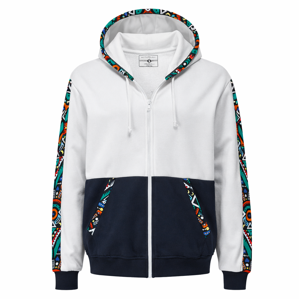 African Print Zip-Up Hoodie – White & Navy