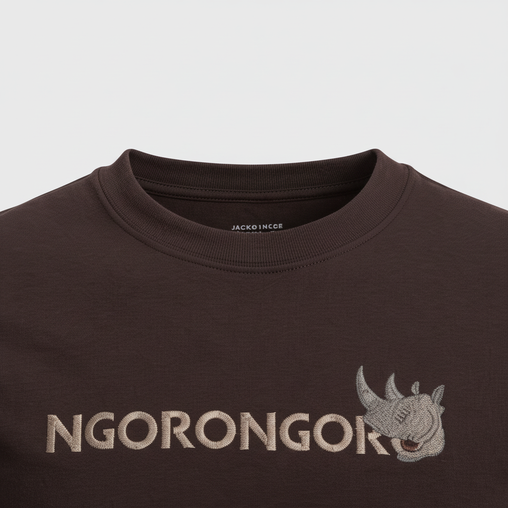 Close-up of crew neckline on Ngorongoro Rhino T-Shirt in dark brown