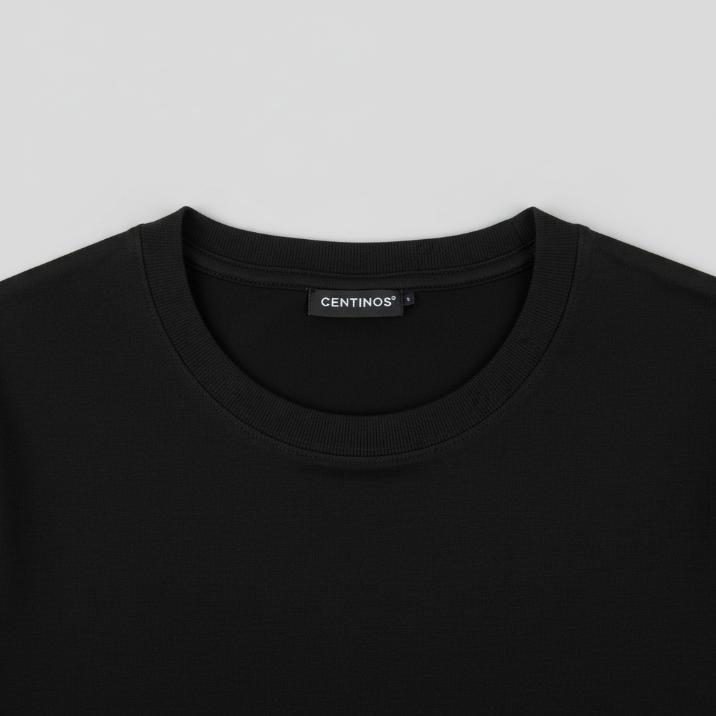 Close-up of crew neckline on Tanzania Zebra Herd Graphic T-Shirt in black