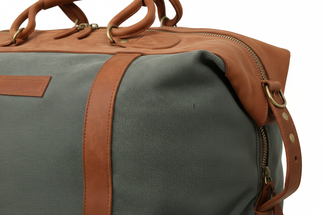 Side view close-up showing canvas texture, leather trim, stitching and brass hardware detail