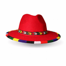 Safariland - Chapeau Fédora à Large Bord - Rouge - Bord et Bande en Tissu Imprimé Perlés Africains