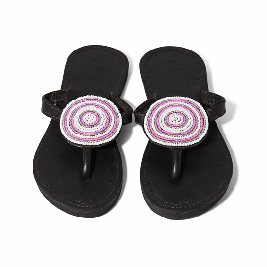 Safariland - Sandales en cuir perlées spiralées - Noir - Perlage main rose et blanc