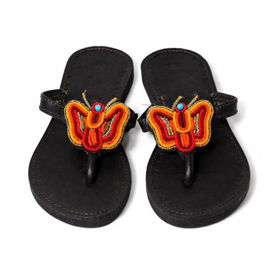 Safariland - Sandales en cuir perlées papillon - Noir - Perlées à la main