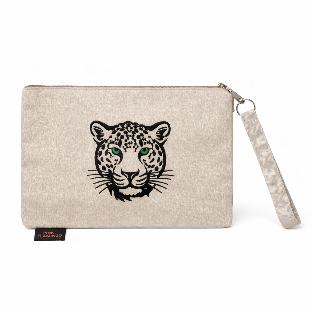 Pink Flamingo Leopard Canvas Wristlet Pouch – Natural