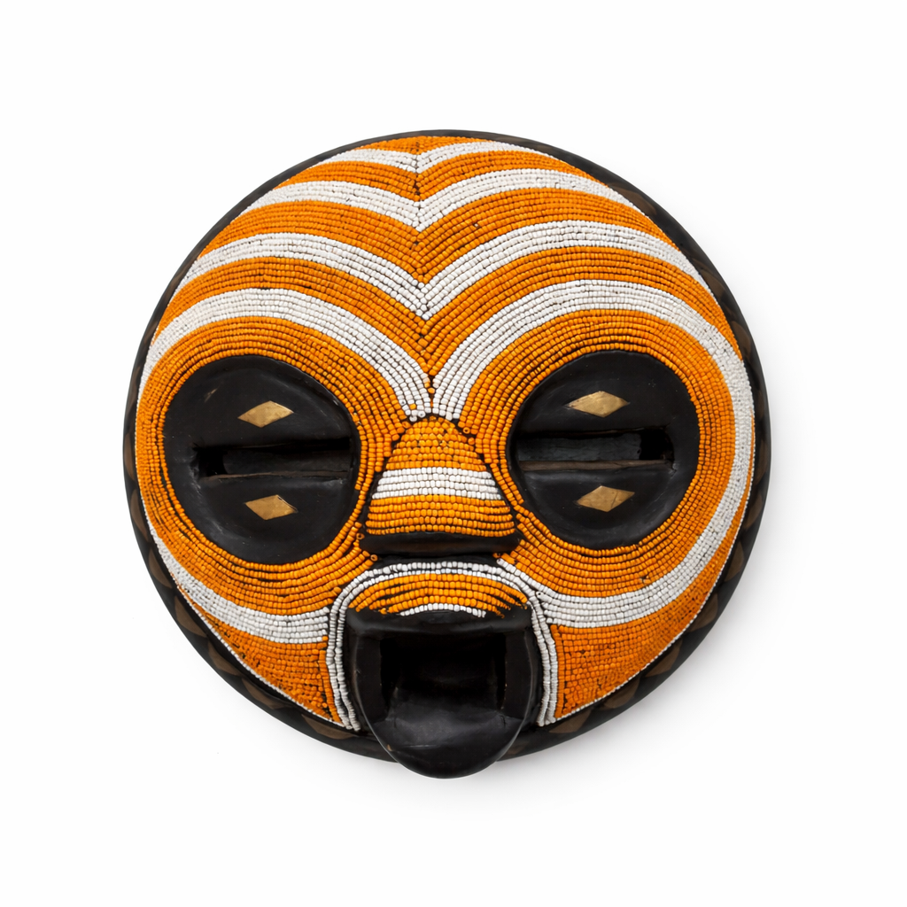 Beaded African Round Mask – Orange & White