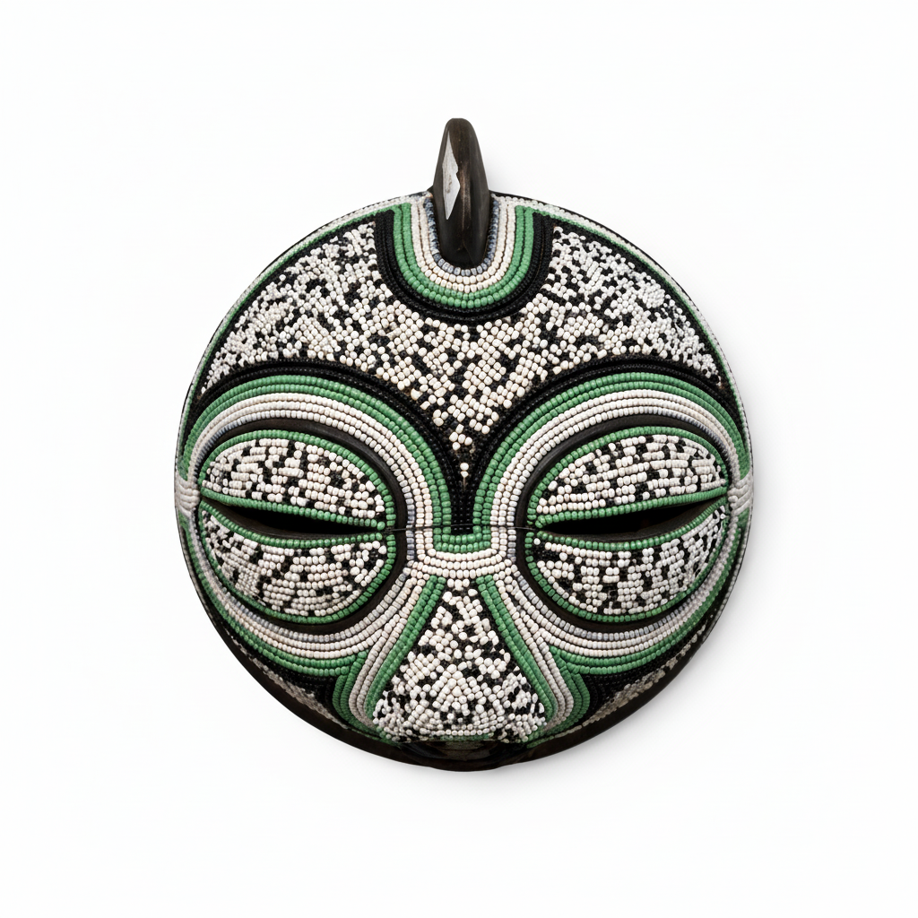 Beaded African Round Mask – Green & White