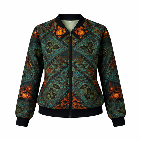 African Botanical Mosaic Bomber Jacket - Floral Print - Full Zip