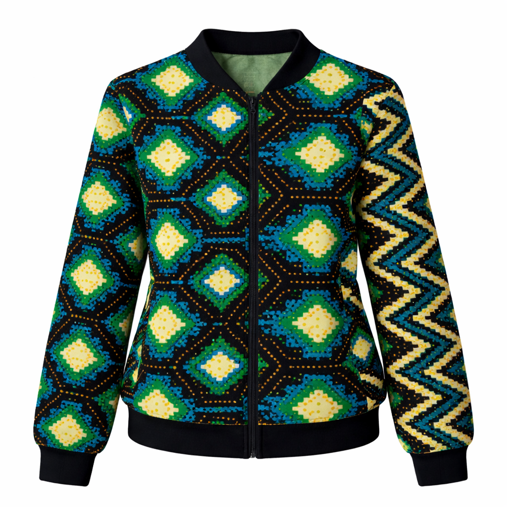African Heritage Geometric Bomber Jacket - Pixel Print - Full Zip
