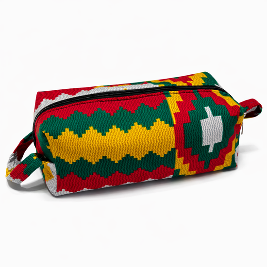 African Kente Chevron Toiletry Bag - Red, Gold & Green - Zip Pouch