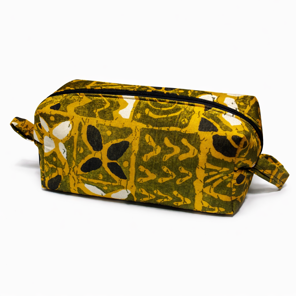 African Batik Floral Toiletry Bag - Olive Gold & Black - Zip Pouch