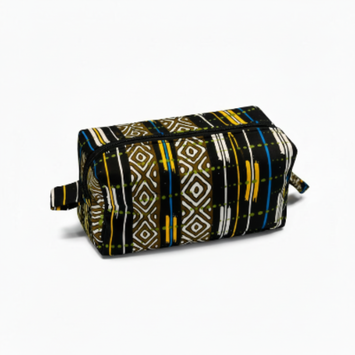African Stripe Diamond Print Toiletry Bag - Black & Gold - Zip Pouch