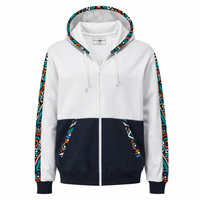 African Print Zip-Up Hoodie – White & Navy