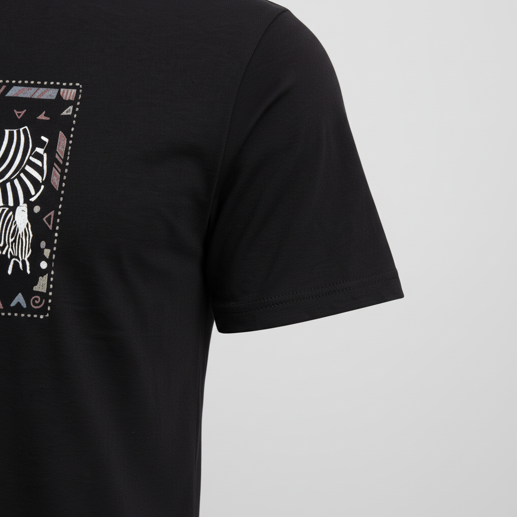 Close-up of sleeve on Tanzania Zebra Herd Graphic T-Shirt in black