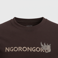 Close-up of crew neckline on Ngorongoro Rhino T-Shirt in dark brown