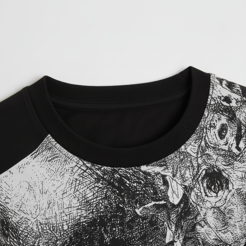 Close-up of crew neckline on Wildlife Sketch Graphic T-Shirt in black