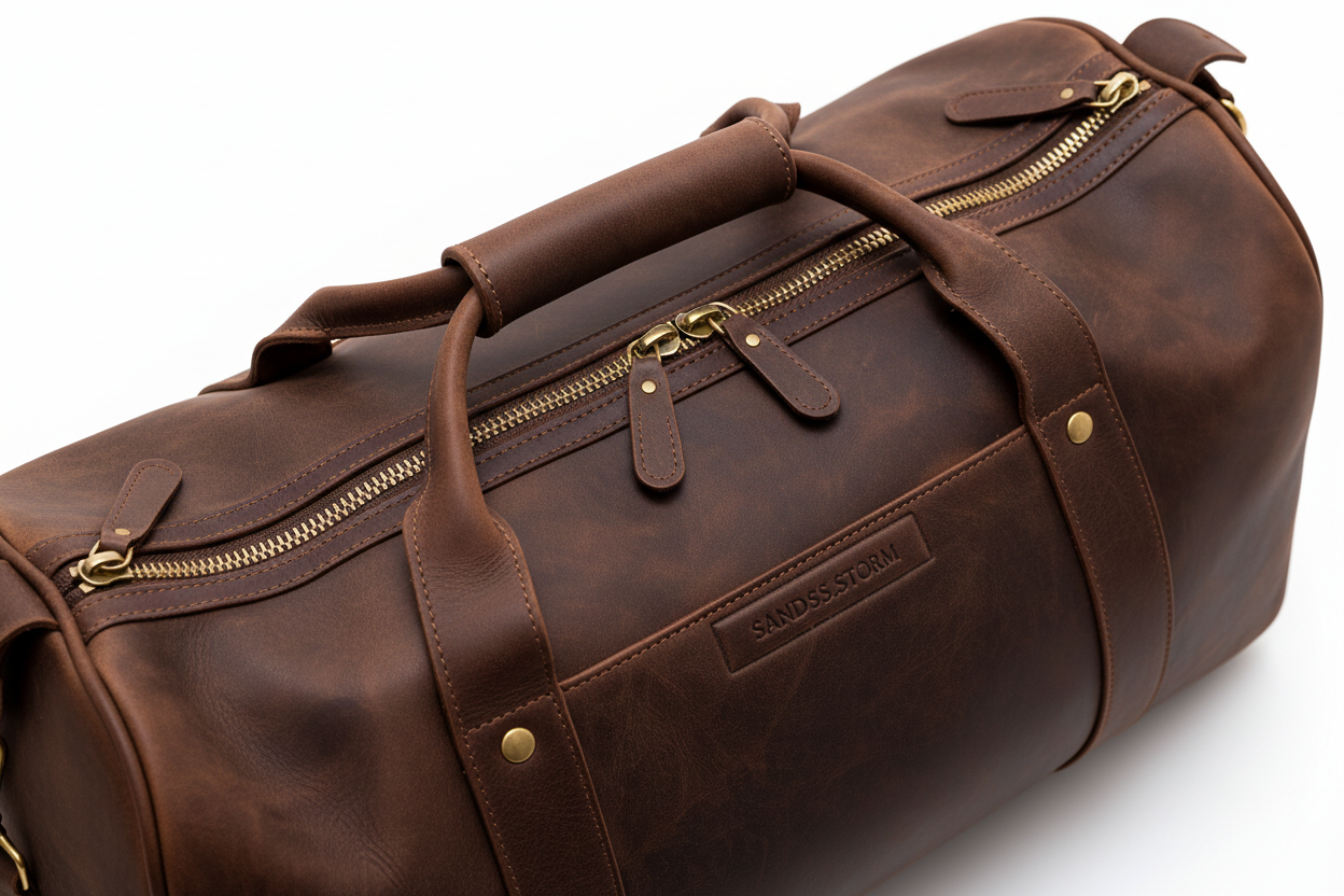 Top view close-up of zipper, brass hardware and leather handles