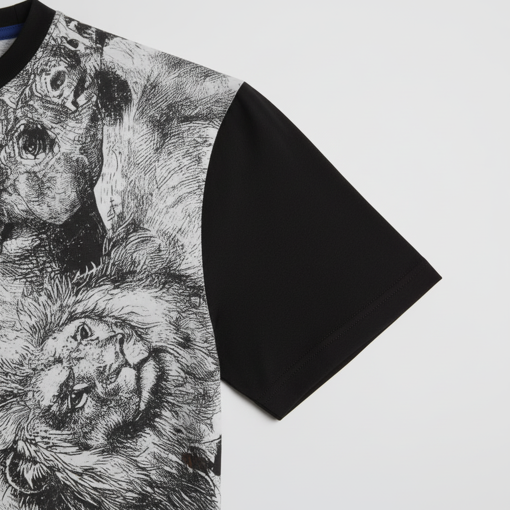 Close-up of sleeve on Wildlife Sketch Graphic T-Shirt in black