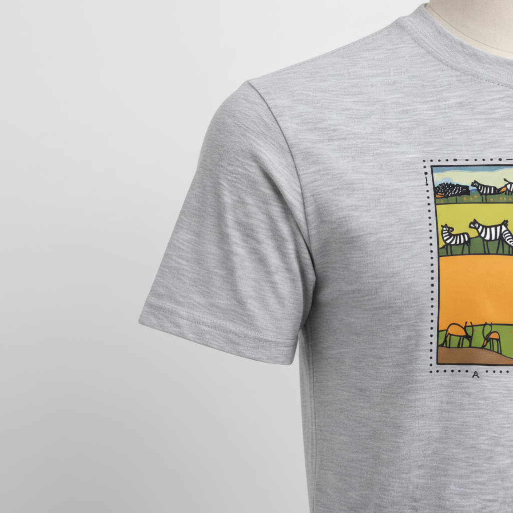 Close-up of sleeve on Safari Stamp Graphic T-Shirt in grey