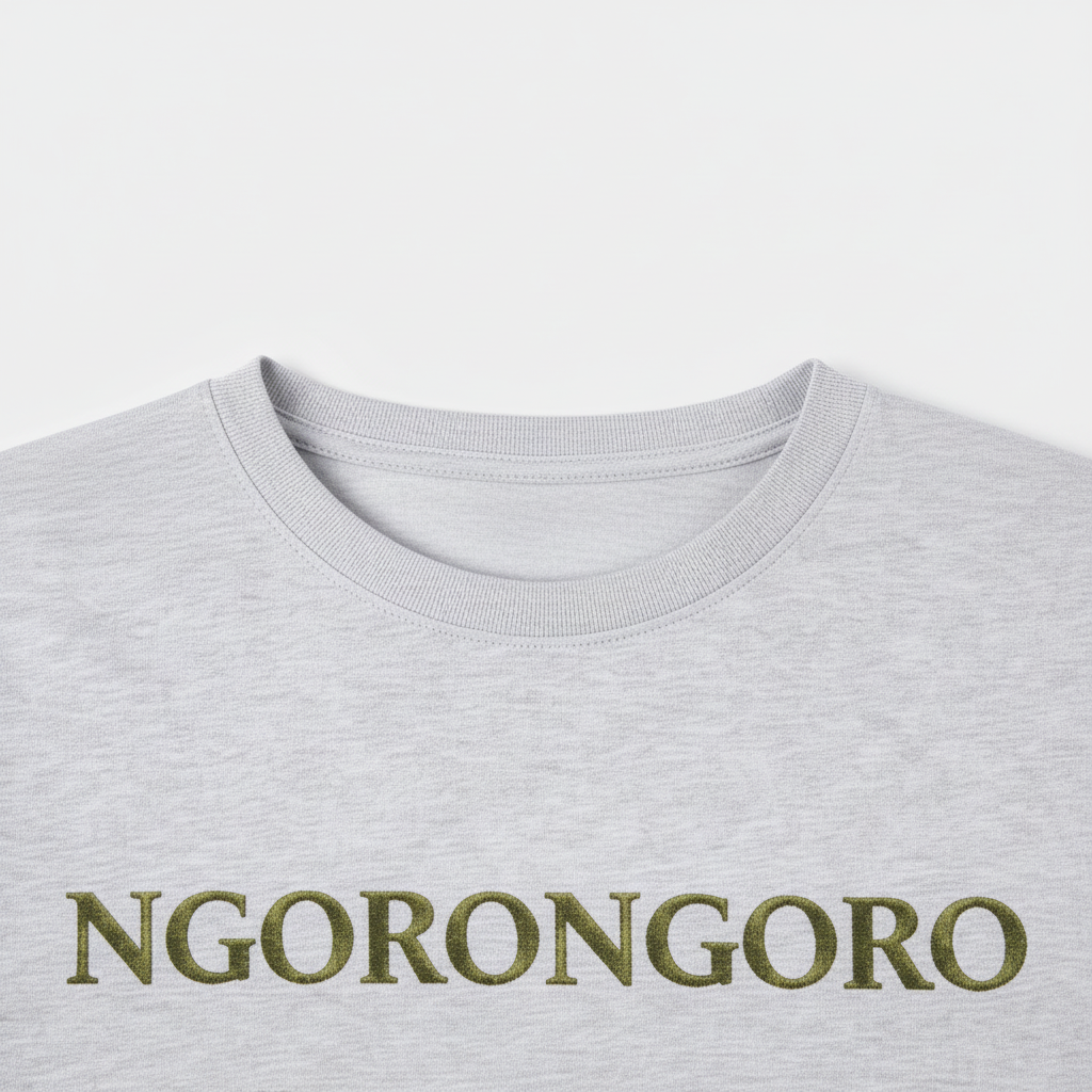 Close-up of crew neckline on Ngorongoro Scenic T-Shirt in grey