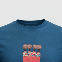 Close-up of crew neckline with print on Maasai Women Graphic T-Shirt in ocean blue