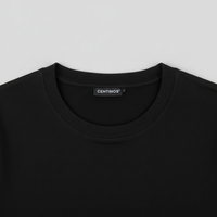 Close-up of crew neckline on Tanzania Zebra Herd Graphic T-Shirt in black