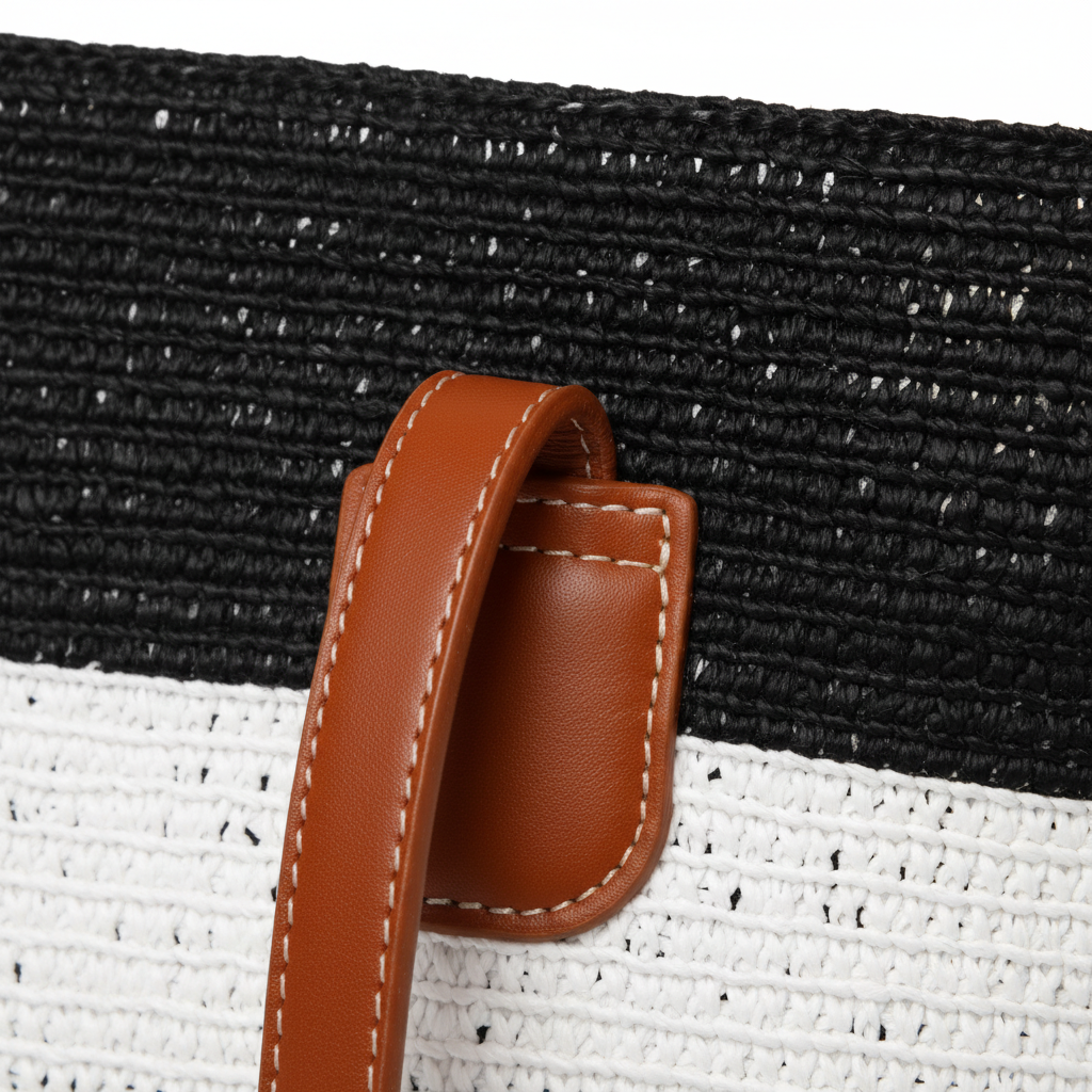 Close-up of tan leather strap and woven body connection detail