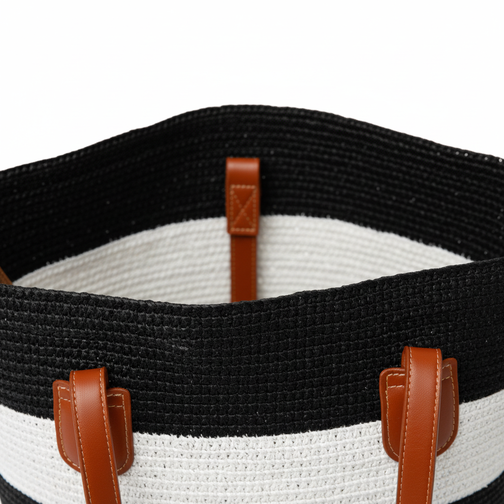 Close-up of top opening and strap attachment detail