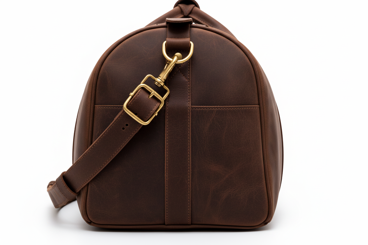 Side view close-up showing leather grain, stitching and brass hardware detail