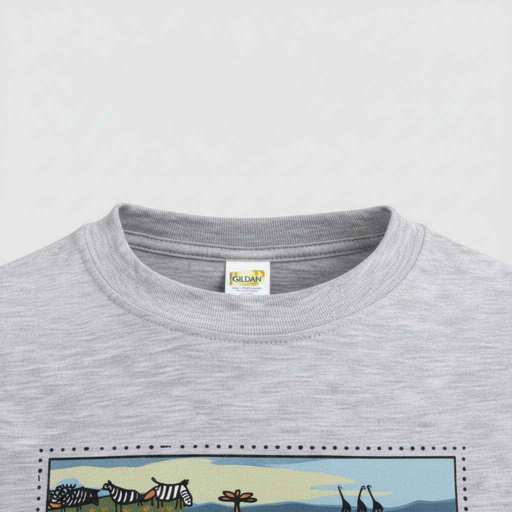 Close-up of crew neckline on Safari Stamp Graphic T-Shirt in grey