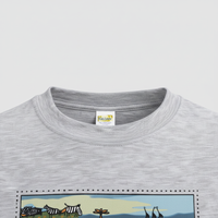 Close-up of crew neckline on Safari Stamp Graphic T-Shirt in grey