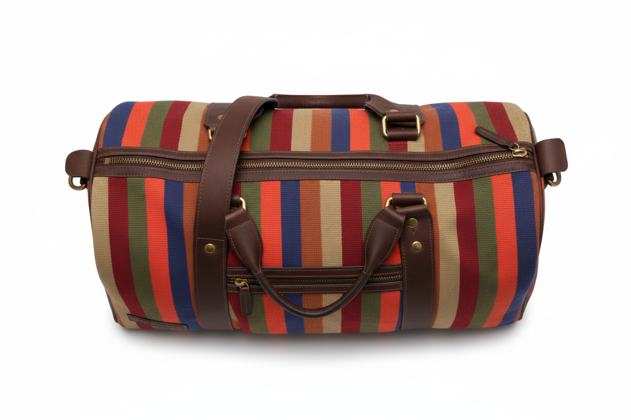 Top view close-up of zipper, hardware and leather handles on striped canvas duffel bag