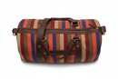 Top view close-up of zipper, hardware and leather handles on striped canvas duffel bag